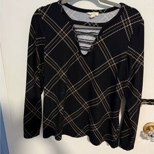 Women's Black Plaid Lattice-Detail Long Sleeve Top